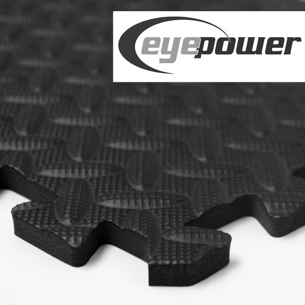 Eyepower Logo und eine quadratische Steckmatte aus Schaumstoff mit rutschfester Oberfläche für Fitness oder Werkstatt.