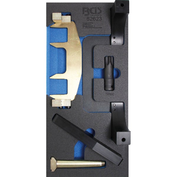BGS technic Spezial-Werkzeugsatz 62623 in Schaumstoffeinlage mit Arretierwerkzeug, Torx Bit TX100 und Haltebolzen.