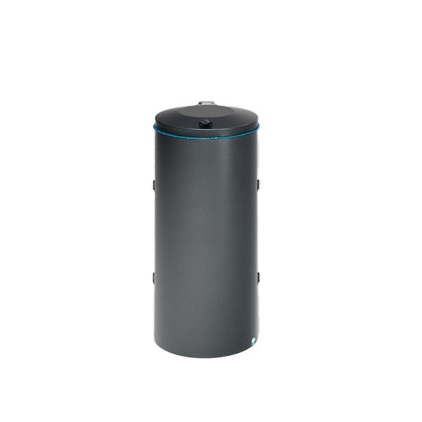 Anthrazitfarbener vertikaler Warmwasserspeicher mit seitlichen Anschlüssen.