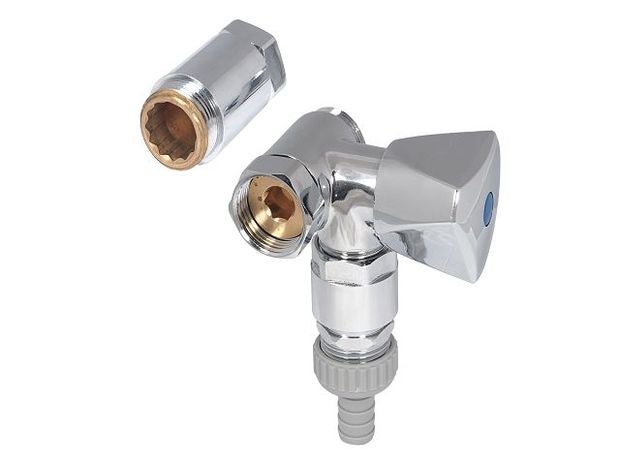 Kombi-Eckventil mit Geräteanschluss und Verlängerung aus verchromtem Metall.