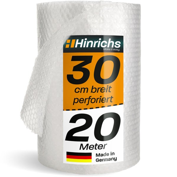 Hinrichs Logo. Luftpolsterfolie als Verpackungsmaterial für Pflanzen. Kennzeichnung: 100 Prozent recyceltes Material.