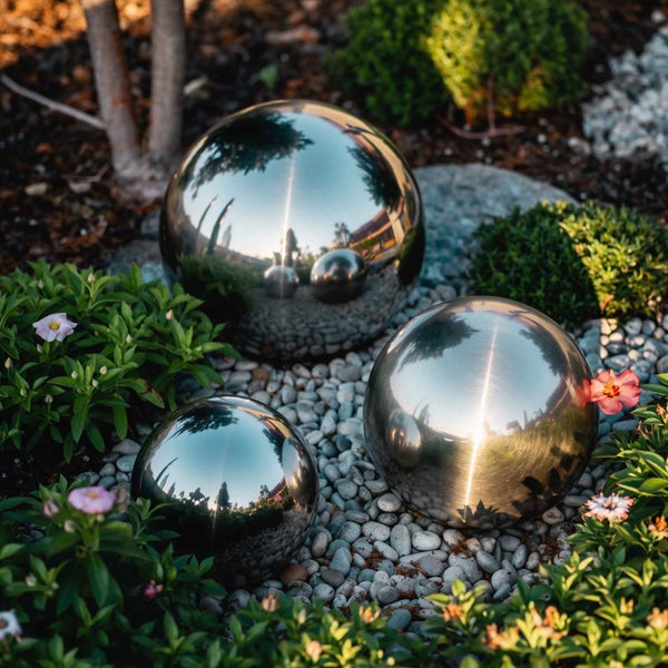 Drei glänzende Gartenkugeln aus Edelstahl in verschiedenen Größen auf Kieselsteinen zwischen grünen Pflanzen und Blumen.