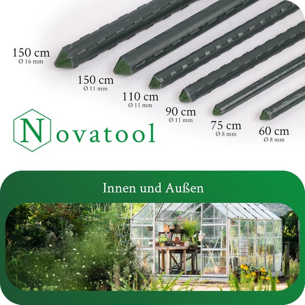 Novatool Logo und Pflanzstäbe in verschiedenen Größen von 60 bis 150 Zentimeter für innen und außen, dargestellt mit einem Gewächshaus.