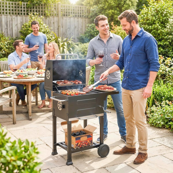 Holzkohlegrill mit Steaks und Spießen auf Edelstahlrosten und verchromtem Warmhalterost im Garten.