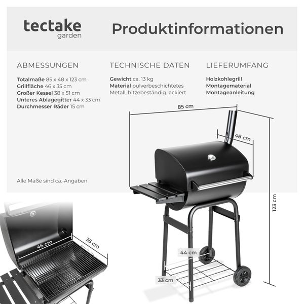 Holzkohlegrill tectake  85 x 48 x 123 cm mit 2 Rädern schwarz