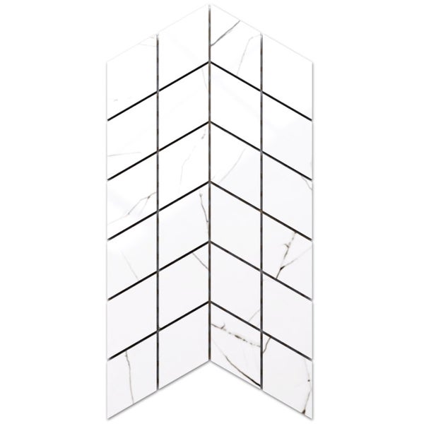 Mosaikfliese in Picket-Form mit Marmor-Optik, weiß mit feiner Maserung für Wand und Boden.