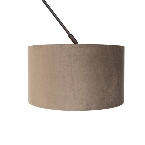 Zylindrischer Lampenschirm aus grauem Samt mit schwarzer Halterungsstange.