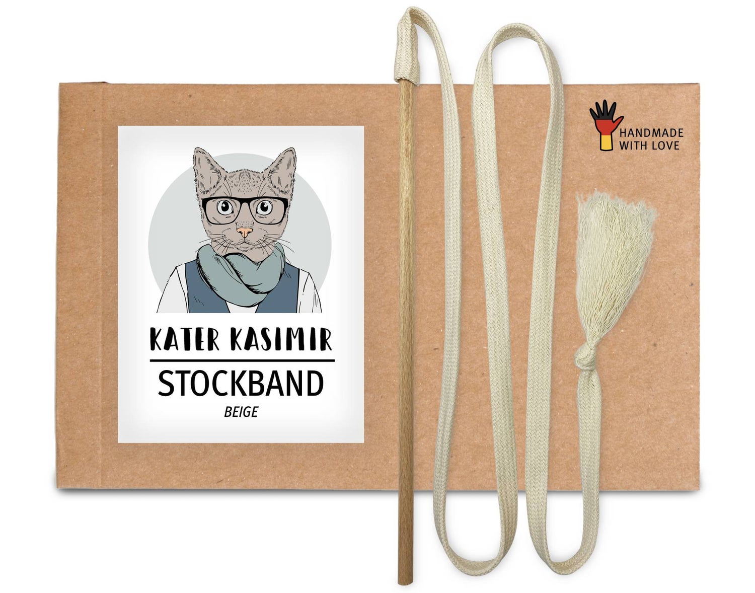 Premium Spielangel für Katzen aus Holz mit Baumwollband (weiss). Diese Katzenangel ist ein robustes Katzenspielzeug