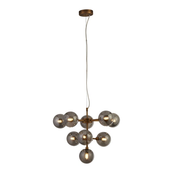 Pendelleuchte mit neun Leuchten und Glaskugelschirme