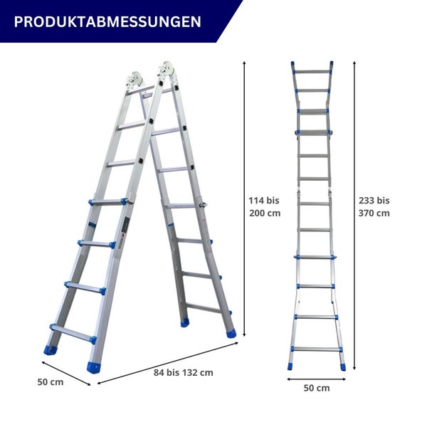 Teleskopleiter: Stehleiter Höhe 114 bis 200 Zentimeter, Länge 84 bis 132 Zentimeter. Anlegeleiter Höhe 233 bis 370 Zentimeter, Breite 50 Zentimeter.