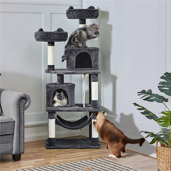 Katzenkratzbaum mit mehreren Ebenen, Höhlen, Hängematte und drei Katzen
