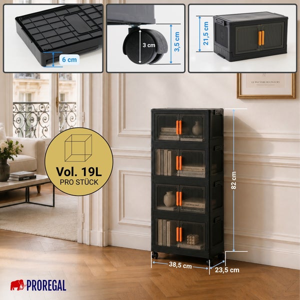 Modulares Kunststoffregal auf Rollen mit vier Etagen, 82 Zentimeter hoch, 38,5 Zentimeter breit, 19 Liter Volumen pro Box, PROREGAL Logo.