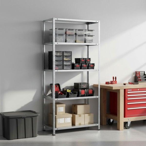 Hohes Metallregal in einer organisierten Werkstatt mit fünf Fachböden, bestückt mit Kunststoff-Lagerboxen, Kleinteilemagazinen und Kartons.