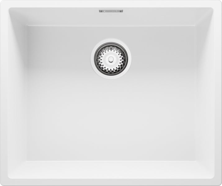 PRIMAGRAN Spülbecken Weiß 56x47cm, Granitspüle 1 Becken + Ablauf-Set, Küchenspüle ab 60er Unterschrank - London Slim