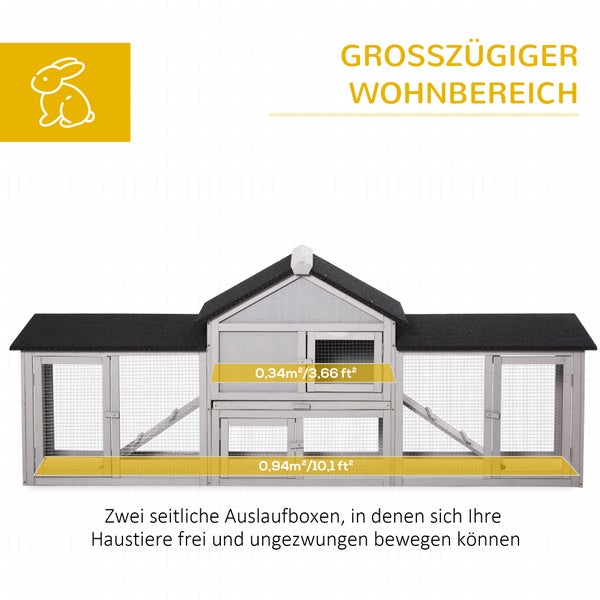 PawHut Kleintierstall Zwergkaninchenstall Kleintierkäfig mit Asphaltdach und Freigehege Kleintierhaus doppelstöckig Tannenholz Grau 210 x 45,5 x 84,5 cm