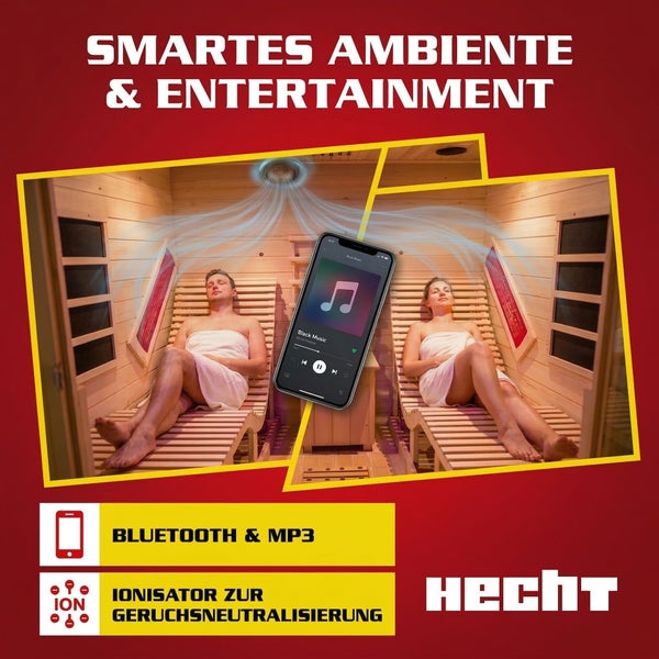 Infrarotkabine aus Holz mit zwei Personen auf Liegen. Symbole für Bluetooth, MP3 und Ionisator zur Geruchsneutralisierung. Hecht Logo.