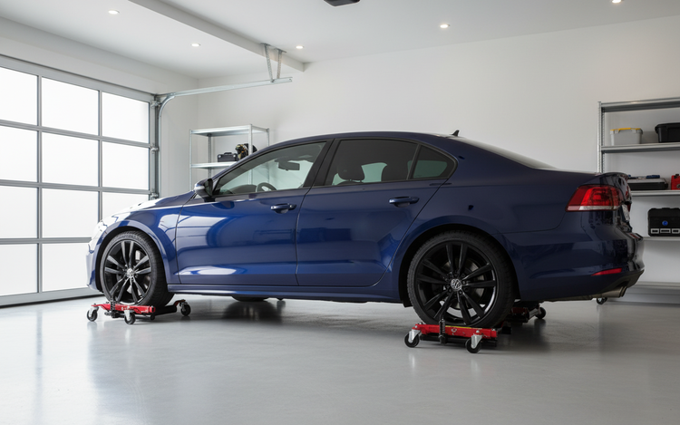 Blaues Auto auf Radhebern in einer Garage.