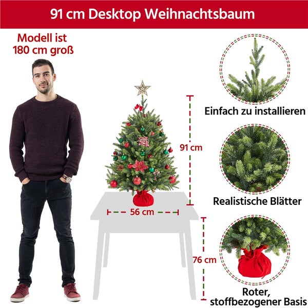 Vergleich von Weihnachtsbäumen: Dichte Äste, großer Basisdurchmesser und realistische PE-Blätter versus spärliche Zweige, kleiner Basisdurchmesser und verformbare PVC-Blätter.