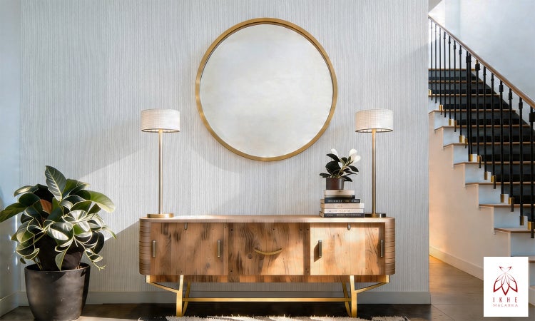 Modernes Interieur mit vertikal gestreifter Tapete, einem Holz-Sideboard, zwei Tischlampen und einem runden Spiegel. IKHE Malarka Logo.