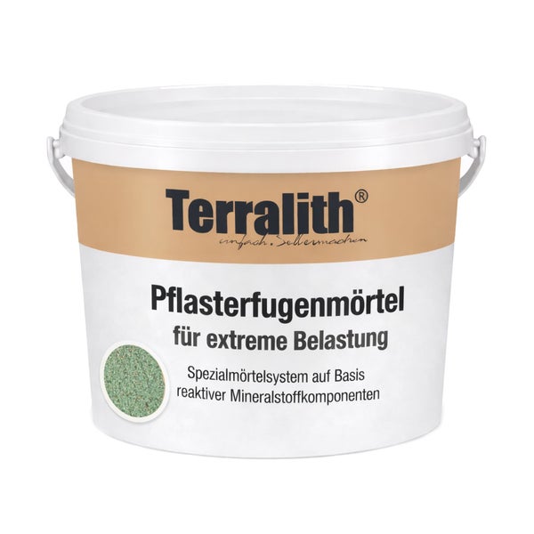 Weißer Eimer Terralith Pflasterfugenmörtel für extreme Belastung, Spezialmörtelsystem auf Basis reaktiver Mineralstoffkomponenten.