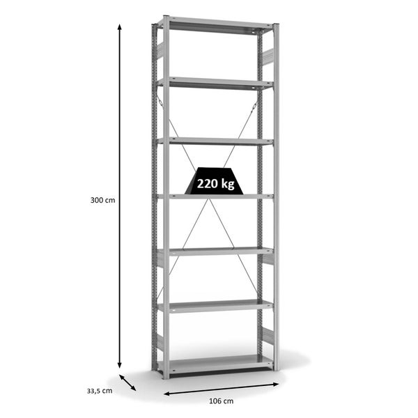 PROREGAL Fachbodenregal Stecksystem T-Profil Medium-Duty Grundregal HxBxT 300 x 100 x 30 cm 7 Ebenen Fachlast 220 kg Einseitig Nutzbar Verzinkt