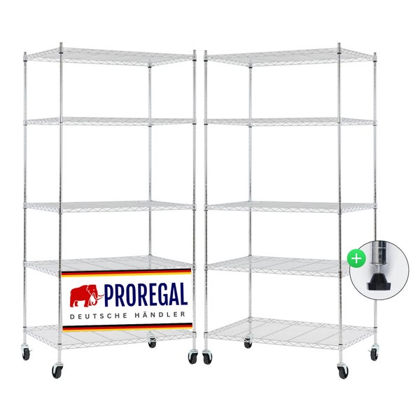 Zwei Proregal Drahtgitterregale mit 5 Etagen, Rollen und verstellbaren Füßen. Proregal Logo.