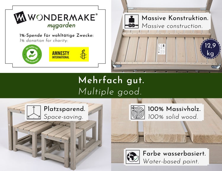 WONDERMAKE® Design Kindersitzgruppe Outdoor Garten Holz mit Abdeckung, Kinder-Sitzgarnitur Indoor Picknick-Gruppe ab 3 Jahre, beige grau