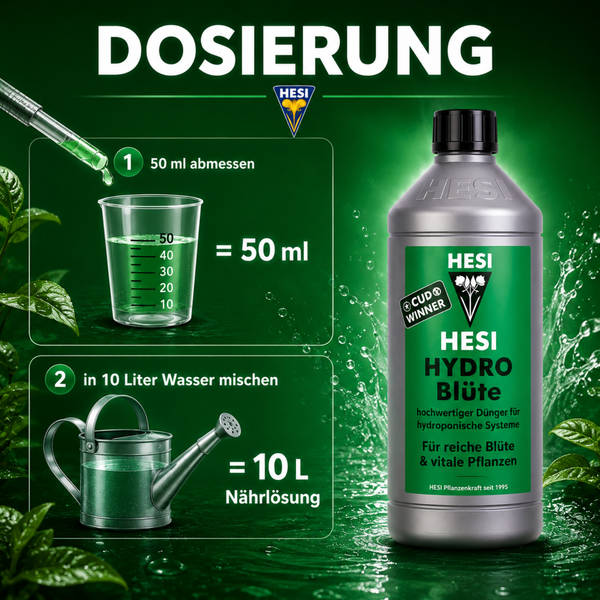 Dosieranleitung für Hesi Hydro Blüte Dünger für hydroponische Systeme mit Darstellung der Mischverhältnisse von 50 Milliliter auf 10 Liter Wasser.