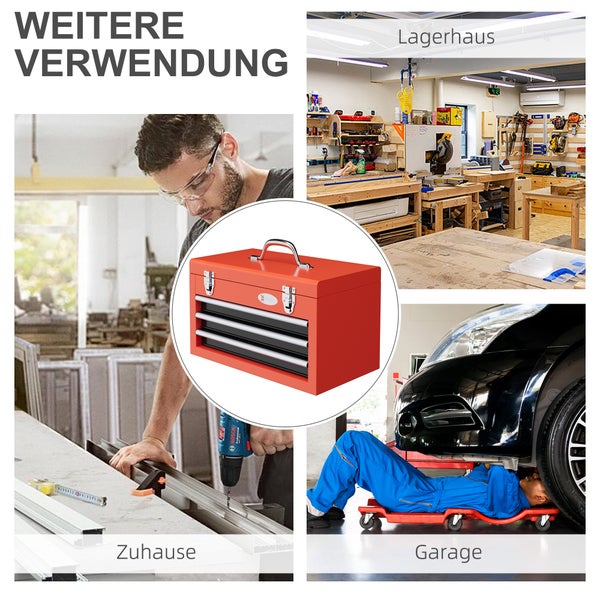 DURHAND Werkzeugkiste leer, 45 x 24 x 27 cm Werkzeugkasten mit 3 Schubladen, oberes Staufach, Handgriff, Werkzeugkoffer mit 2 Schloss, Stahl, Rot