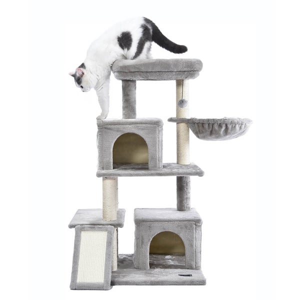 Mehrstöckiger Katzenkratzbaum mit zwei Katzenhöhlen und einer Liegemulde sowie Sisalstämmen für die Krallenpflege
