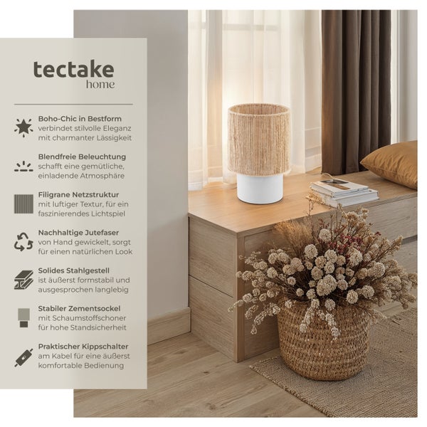 tectake Klea Tischleuchte Klea aus Jute im Boho-Stil, 60W Zementfuß mit Schaumstoffschoner, 20,5 x 30,5 cm natur