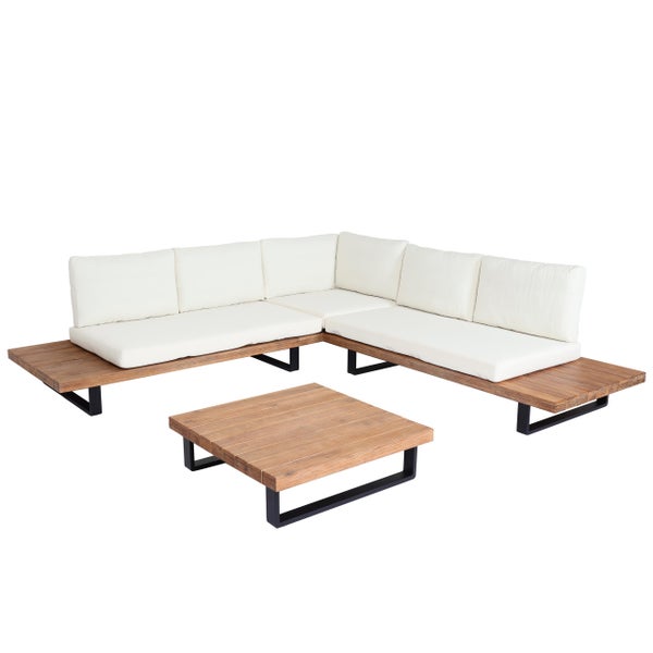 Loungemöbel-Set aus Holz mit weißen Polstern und schwarzen Metallfüßen, bestehend aus einem Ecksofa und einem Couchtisch.