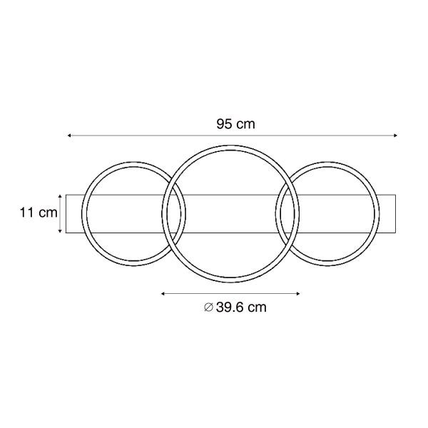 Technische Zeichnung der Deckenleuchte mit einer Gesamtbreite von 95 Zentimeter und einem Ringdurchmesser von 39,6 Zentimeter.