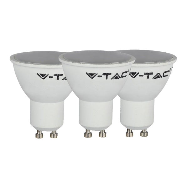 Drei V-TAC LED-Leuchtmittel mit GU10 Sockel und mattierter Abdeckung.