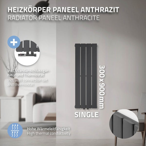 ML-Design Paneelheizkörper Einlagig 900x300 mm Anthrazit Mittelanschluss mit Wandanschlussgarnitur Eckform Multiblock Thermostat, Design Badheizkörper Vertikal Designheizkörper Flachheizkörper Heizung