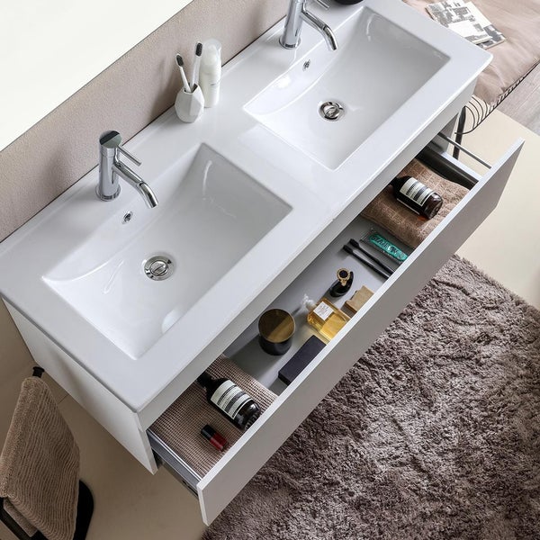 1200 mm Möbel-Set mit Doppelwaschtisch und Unterschrank in Holzoptik Eiche grau | Sole