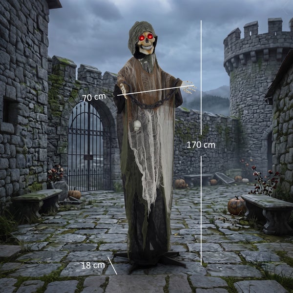 Halloween Skelett Dekofigur mit leuchtenden Augen, 170 cm hoch, auf einem steinigen Burghof.