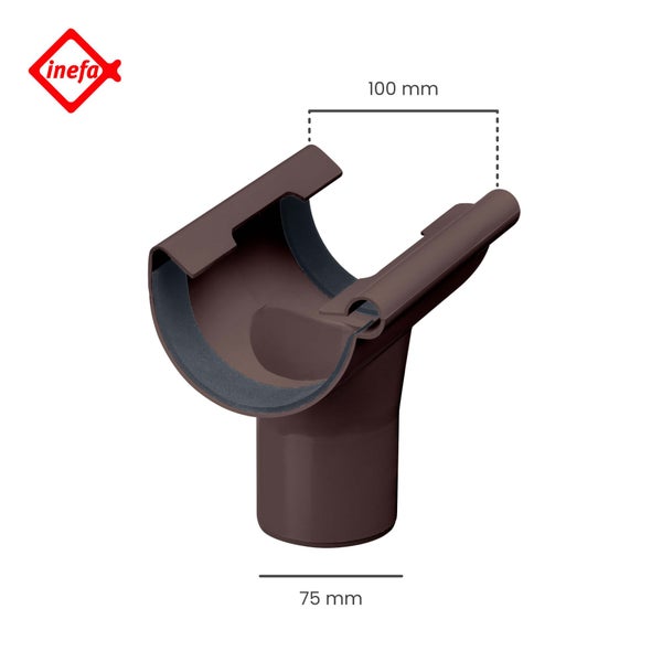 Inefa Logo. Einhängestutzen für Dachrinnen aus Kunststoff, obere Nennweite 100 Millimeter, unterer Durchmesser 75 Millimeter.