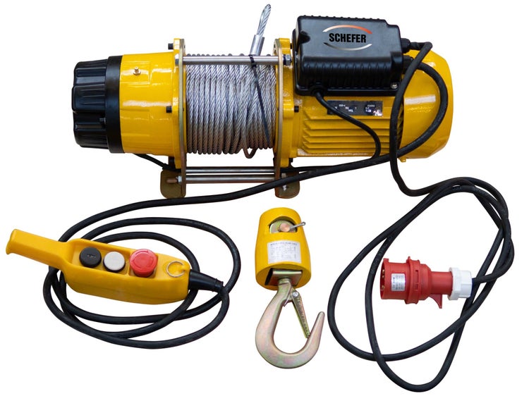 Elektrische Seilwinde der Marke Schefer mit Steuerkabel, Stecker und Lasthaken