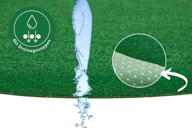 Kunstrasenteppich mit Drainagenoppen auf der Unterseite und Darstellung der Wasserdurchlässigkeit.