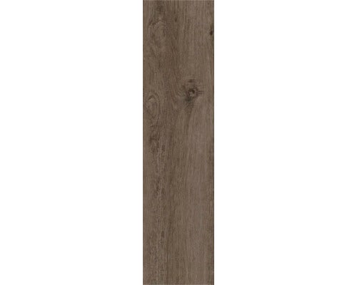 Bodenplanke in dunkler Holzoptik mit sichtbarer Maserung und Astlöchern.