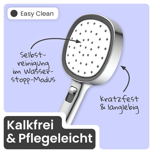 Handbrause mit Selbstreinigungsfunktion im Wasser-Stopp-Modus, kratzfest, langlebig, kalkfrei und pflegeleicht.