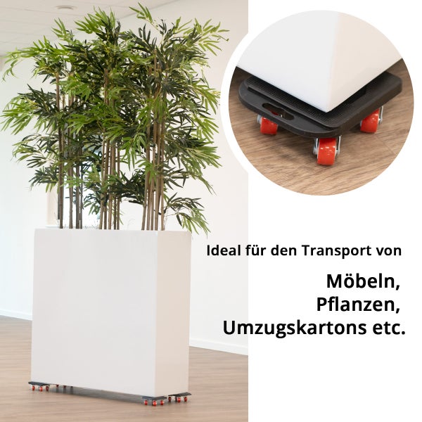 Möbelroller unter Pflanzkübel und Möbel