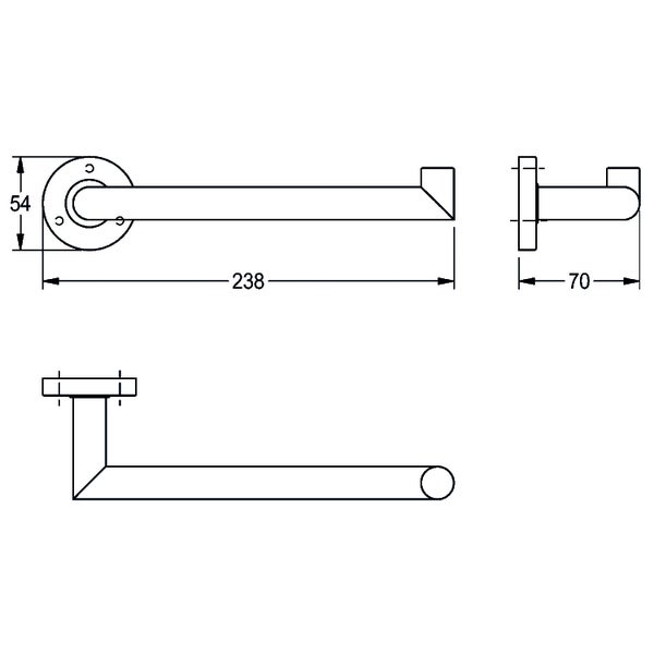 Maßzeichnung Toilettenpapierhalter mit einer Länge von 238 Millimeter, Tiefe von 70 Millimeter und Durchmesser der Rosette von 54 Millimeter.