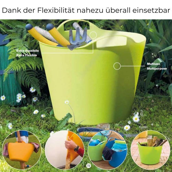 Flexibler Mehrzweck-Eimer mit Gartenwerkzeug im Einsatz im Garten