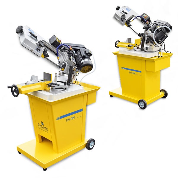 Zwei Bámato Metallbandsägen mit Untergestell und Rollen für den mobilen Einsatz.