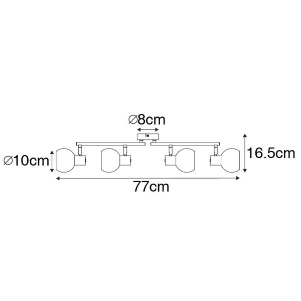 Technische Zeichnung einer Deckenleuchte mit vier Strahlern und den Maßen 77 cm Breite, 16,5 cm Höhe und einem Lampenschirmdurchmesser von 10 cm
