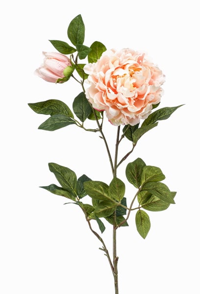 Künstliche Pfingstrose mit einer offenen Blüte, einer Knospe und grünen Blättern in Rosa.