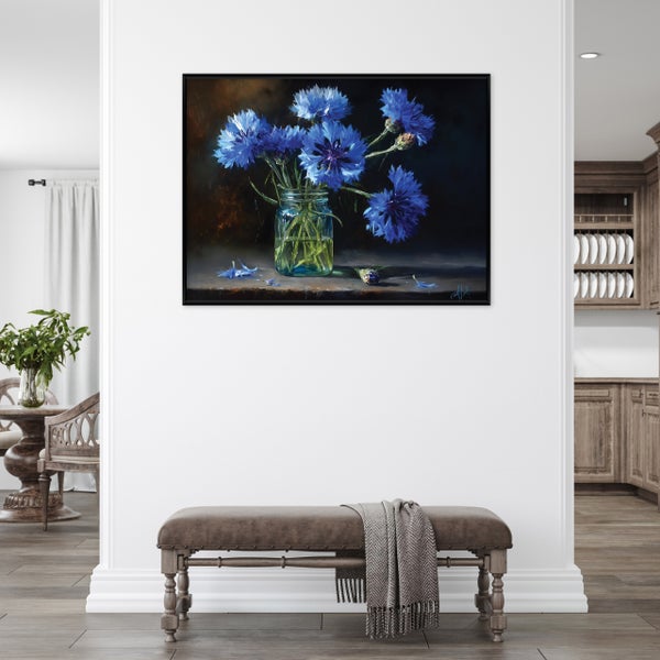 Gemälde mit Kornblumen in Vase, gerahmt