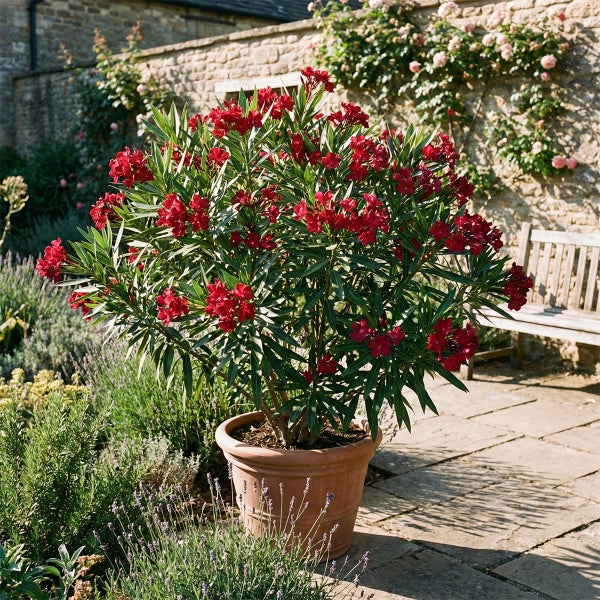 Roter Oleander im Terrakotta-Topf auf einer sonnigen Terrasse mit einer Steinmauer und einer Holzbank im Hintergrund.